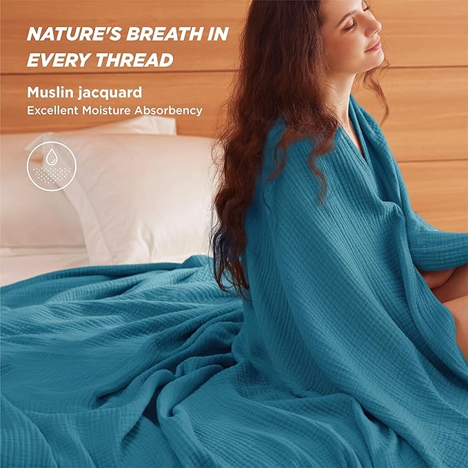 Bedsure 100% Cotton Muslin Throw Blanket Twin XL for Bed - 4-Layer Breathable and Lightweight Thin Soft Summer Gauze Muslin Blankets for Adults, Teal, 66x90 Inches