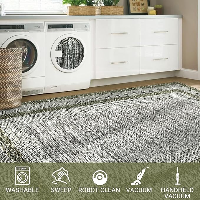 GarveeHome 2x6 Modern Bordered Runner Rug Soft Non Slip Runner Washable Non Shedding Floor Carpet, Distressed Geometric Hallway Runner, Indoor Printed Runner for Kitchen, Entrance, Green