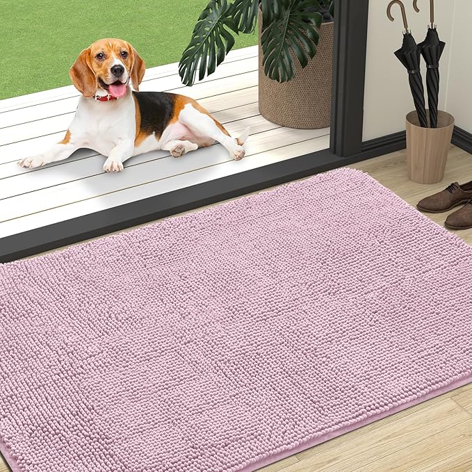 OLANLY Dog Door Mat for Muddy Paws 47x32, Absorbs Moisture and Dirt, Absorbent Non-Slip Washable Doormat, Quick Dry Chenille Mud Mat for Dogs, Entry Indoor Entryway Carpet for Inside Floor, Dusty Rose
