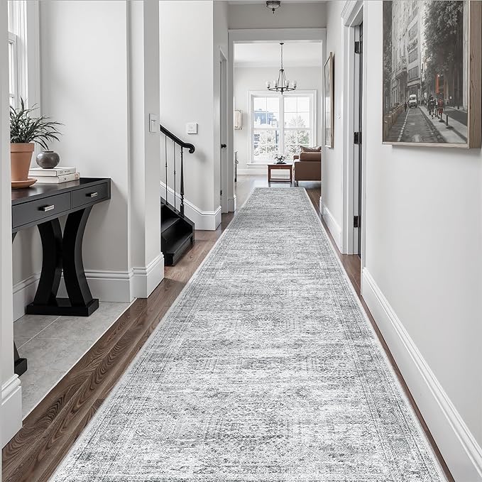 Hallway Runner 3x14 - Runner Rugs 14ft Washable Entryway Rug Vintage Kitchen Runners Non Slip Indoor Rug Farmhouse Carpet Runner for Bathroom Living Room Bedroom, Grey