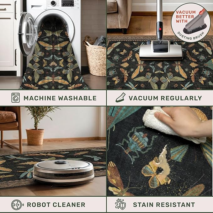 5x8 Black Rug for Bedroom - Boho Large Entryway Rug for Living Room, Under Small Dining Table, Dark Vintage Insect Witch Bug Decor, Washable Low Pile Waterproof Non Slip & Stain Resistance