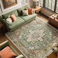 Area Rugs Square 6ft Washable Non-Slip, Floral Vintage Distress Print Pattern Medallion Carpet for Living Room Bedroom Dining Room, Brick Red Rust Neutral Brown Burnt Orange Green