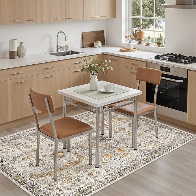 Madane Area Rug 4x6 Washable Rugs: Vintage Living Room Rug Soft Low Pile Non Slip Area Rugs Distressed Indoor Floor Carpet for Bedroom Kitchen Dining Room Home Decor, Brown/Gold