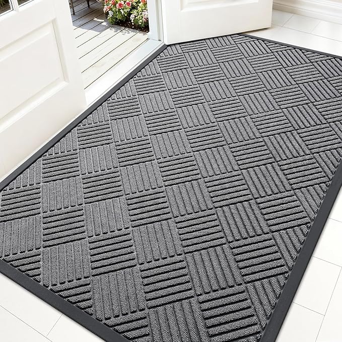 OLANLY Front Door Mat Outside Entrance 59x34, Absorbent, Heavy Duty Sturdy Natural Rubber Doormat Indoor Outdoor, Stain and Fade Resistant, Non-Slip Low Profile Floor Mat for Entryway, Grey Diamond