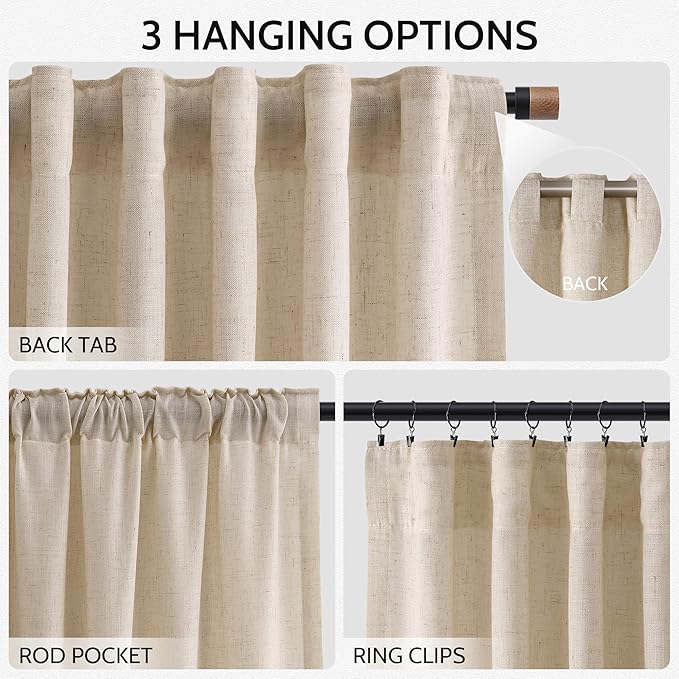 Nanspring Grey Flax Curtains 90 Inch Length 2 Panels Set for Living Room Linen Blend Light Filtering Mordern Boho Sheer Curtain Back Tab and Rod Pocket Neutral Drapes for Bedroom Office 52x90