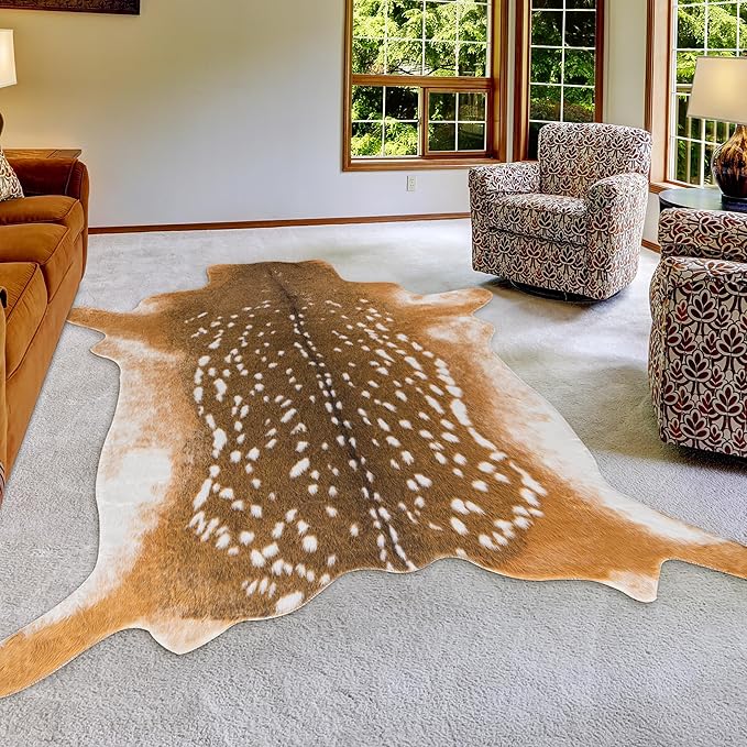 Deer Rug Antelope Print Rug, 5.2x7 Feet Faux Deer Hide Fawn Animal Print Skin for Living Room Bedroom Brown Rustic Western Décor