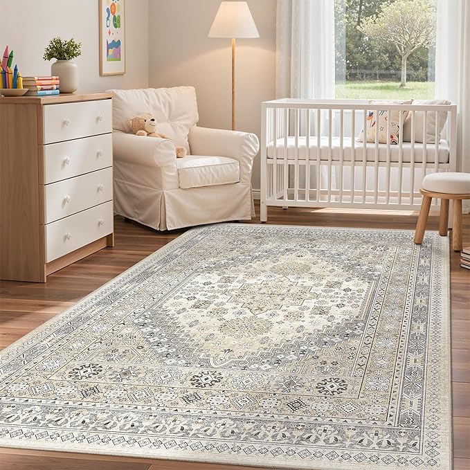 zesthome 3x5 Rug Ultra Soft Washable Rug, Non Slip Area Rug Indoor Entrance, Stain Resistant Rugs for Living Room Bedroom, Vintage Home Decor Area Rugs (Beige,3'x5')