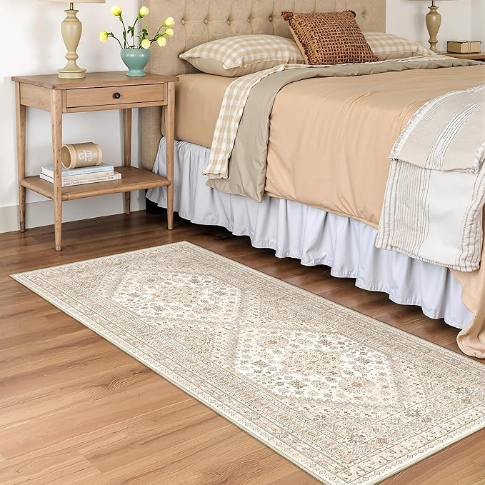 2x5 Rug Runner Washable for Entryway, Soft Bathroom Rugs with Non-Slip Backing,Vintage Low Pile Stair Runner, Small Kitchen Carpet for Hallways, Laundry Room(Cream/Beige,2'x5')
