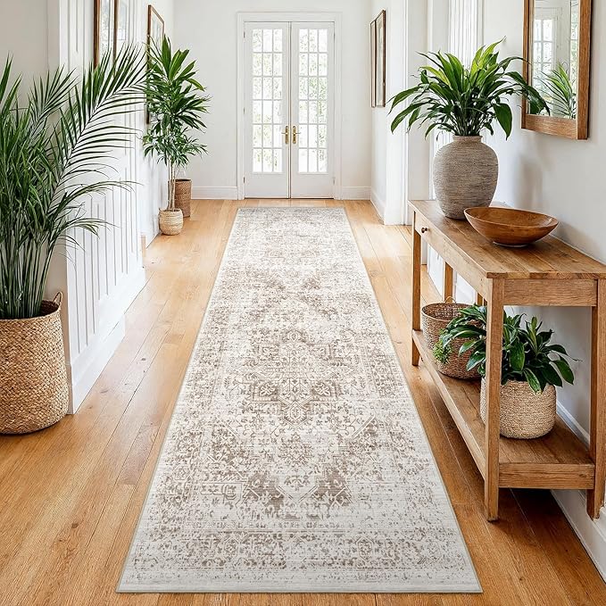 2x8 Washable Hallway Runner Rug - Vintage Kitchen Runners Low Pile Carpet Soft Thin Floor Runner with Rubber Backing for Entryway Living Room Home Decor (Cream/Camel)
