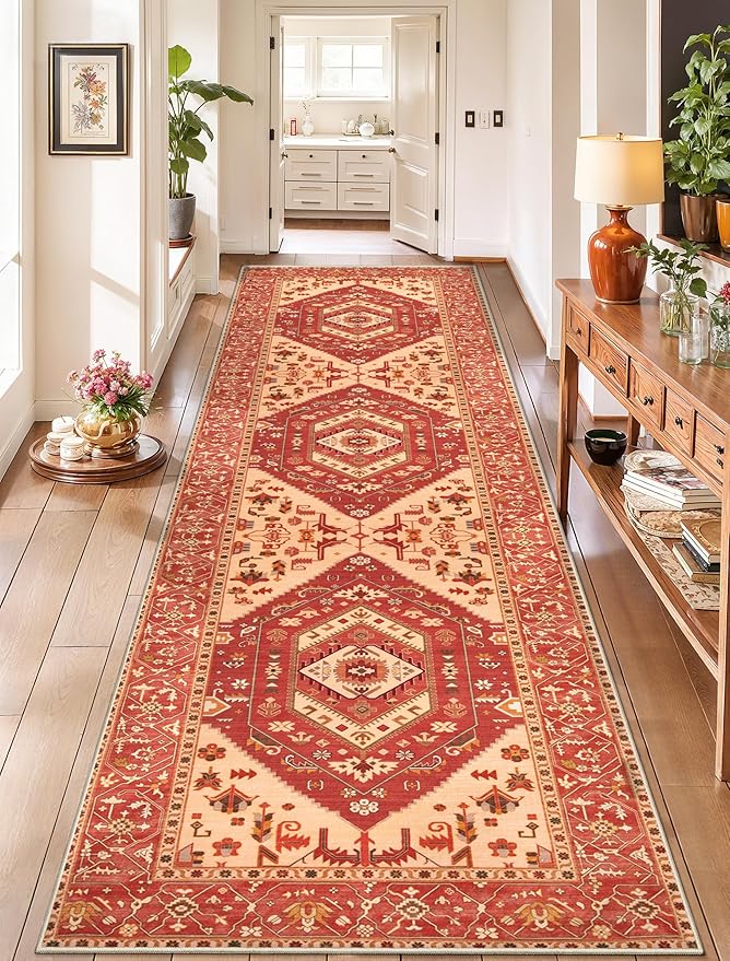 SERISSA Runner Rug for Hallways, 2'6"x10' Washable Non Slip Kitchen Runner Rug, Long Boho Rug Vintage Red Hallway Stair Ultra Soft Print Floor Carpet for Bedroom Bathroom Laundry Room