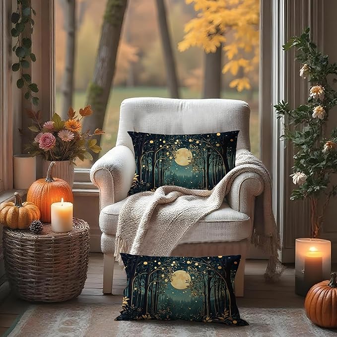 Rustic William Morris Inspired Night Moon Forest Decor Pillow Covers 18x18 Set of 2,Vintage Black and Gold Nature Landscape Botanical Decorative Throw Pillow Covers for Home Bedroom Living Room