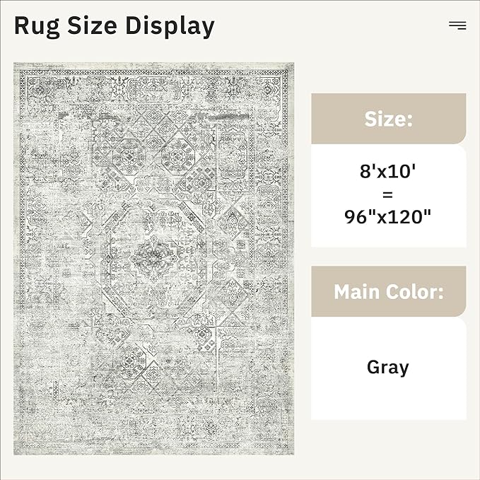 Washable Area Rug 8x10, Gray Soft Rug for Living Room Vintage 8x10 Area Rugs for Bedroom Dining Room Floral Non-Slip Thin Grey Rug
