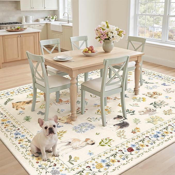 Dog 5x7 Area Rugs for Living Room, Machine Washable Animal Floral Vintage Rug Non-Slip Low Pile Soft Throw Rugs for Kitchen Dining Room Bedroom Nursery Playroom (5 x 7,Beige)