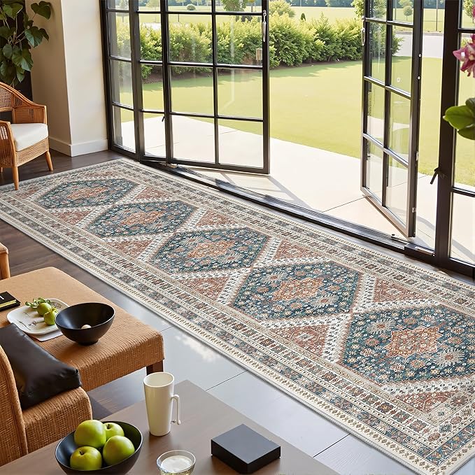 Carpet Runners for Hallway 12ft, Non-Slip Long Bathroom Rugs Runner for Kitchen, Living Room, Soft Vintage Washable Rug for Entryway, Thin Floor Mat for Dining Room(Blue/Red,2.5'x12')