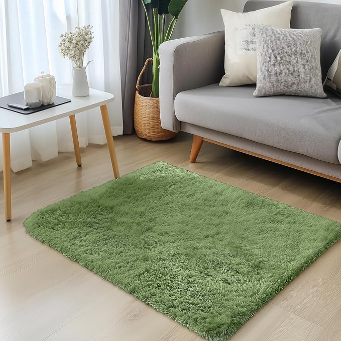 OLANLY 2x3 Machine Washable Small Bedside Rug, Soft Fluffy Shaggy Entryway Throw Rugs for Bedroom, Living Room, Indoor Floor Carpet for Kids Girls and Boys, Home Decor Aesthetic, Green