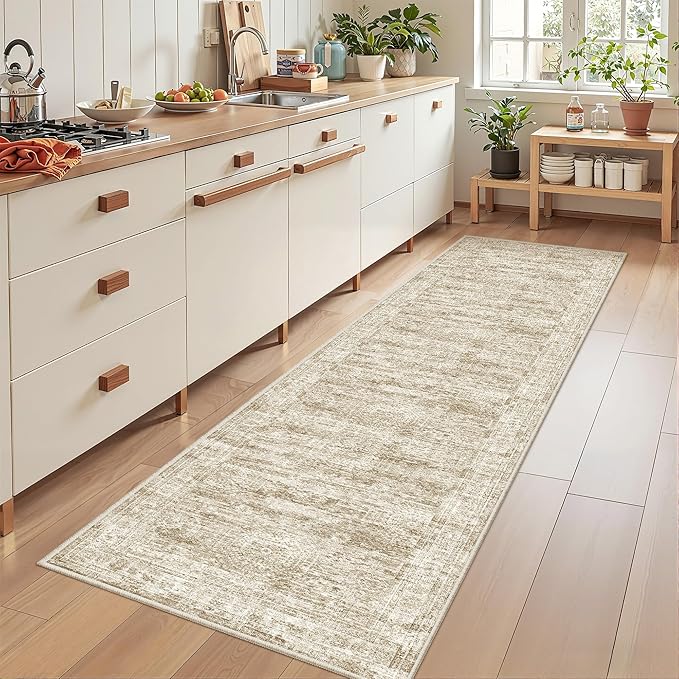 Rug Runners for Hallways Non Slip - 2x8 Runner Rug for Bedroom, Washable Runner with Rubber Backing, Soft Low-Pile Carpet for Kitchen, Laundry, Bathroom (2'x8', Brown/Ivory)