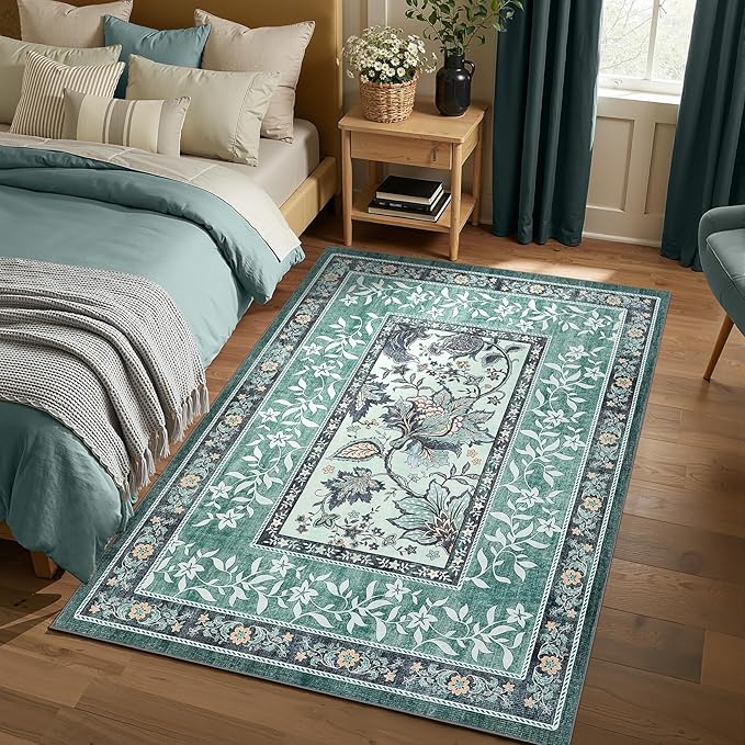 GarveeHome Teal Washable 5x7 Area Rugs, Botanical Grove Vintage Cottage core Non-Slip Rug for Bedroom Living Room Nursery Kitchen Low-Pile Retro Carpet