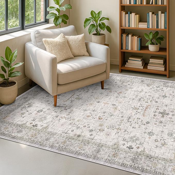 Hazo Haus Boho Light Grey 5x8 Living Room Rug - Modern Vintage Eclectic Floral Pastel Neutral Taupe, Washable Low Pile Non-Slip Large Area Rugs for Nursery Dining Under Table Bedroom Lounge