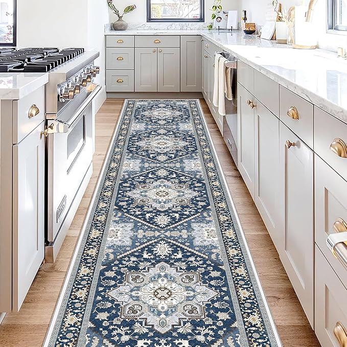OPPODREAM Soft Entryway Rug 2x10, 2x10 Rug Runner, Washable Hallways Carpet 2 x 10 with Non Slip Backing, Low-Pile Bedside Carpet 2 x 10, Long, Faux Cashmere, Navy Blue & Gold