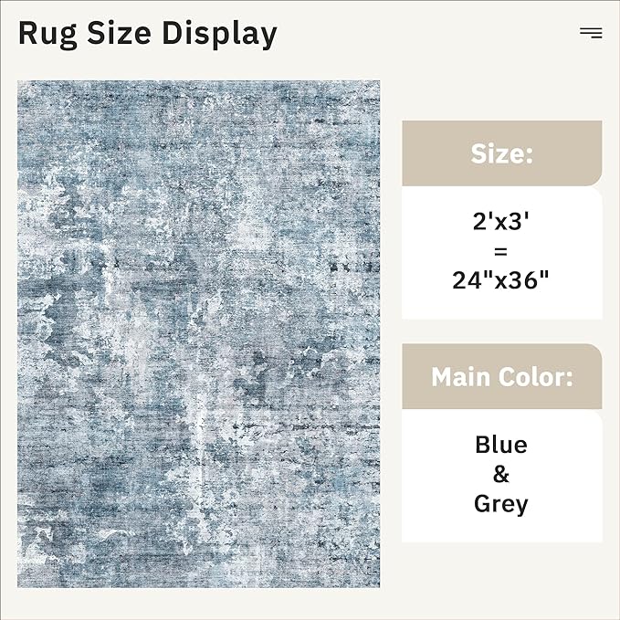 Soalmost 2x3 Abstract Washable Rugs for Kitchen, Floor, Entryway, Powder Room Small Area Rug Non-Slip Vintage Rug Low Pile Throw Door Mat Blue