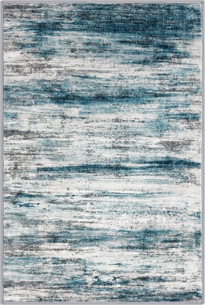 KOZYFLY Modern Abstract 3x5 Entryway Rug Non-Slip Washable Area Rug, Blue Throw Rugs Indoor Mat for High-Traffic Door Entrance, Kitchen, Laundry, Nursery, Soft Bedroom Living Room Accent