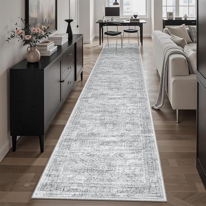 Runner Rug 2x10 Washable Non-Slip Hallway Runner Rugs for Kitchen Bathroom Laundry Room Grey Vintage Floor Carpet Runners for Hallways Entryway