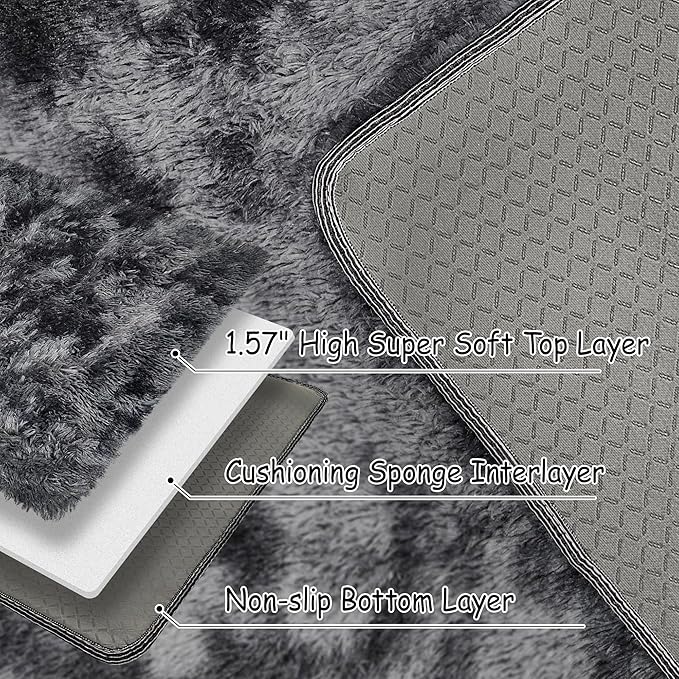 Tie-Dyed Runner Rug for Bedroom Black Grey 2x6ft Fluffy Area Rug Bedside Runner Rug for Kids Room Boys Teens Nursery Baby Living Room Dorm Home Decor Carpets