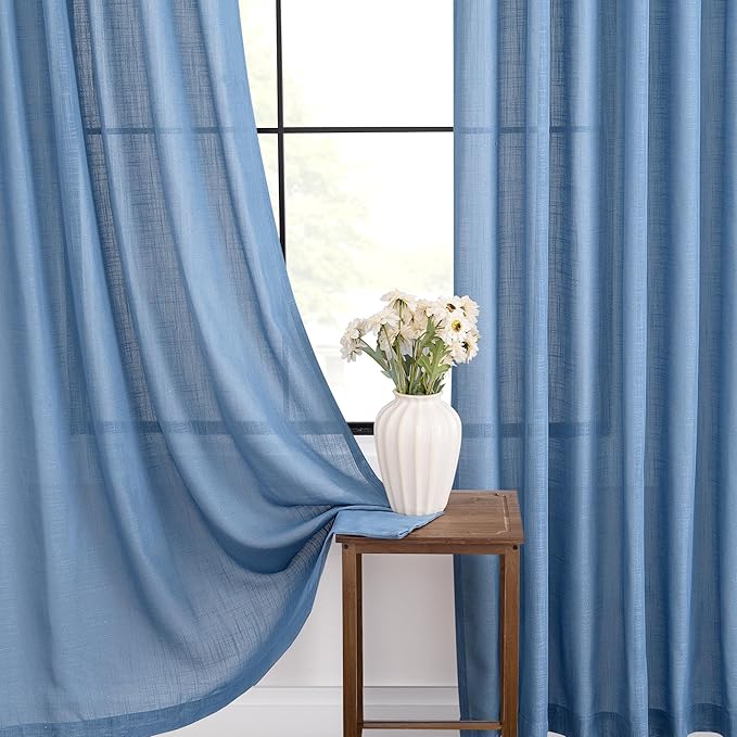 Denim Blue Curtains for Living Room Back Tab Modern Farmhouse Semi Sheer Blue Curtains 84 inches Long 2 Panels Set Muted Neutral Window Curtain for Dining Room Bedroom 52x84