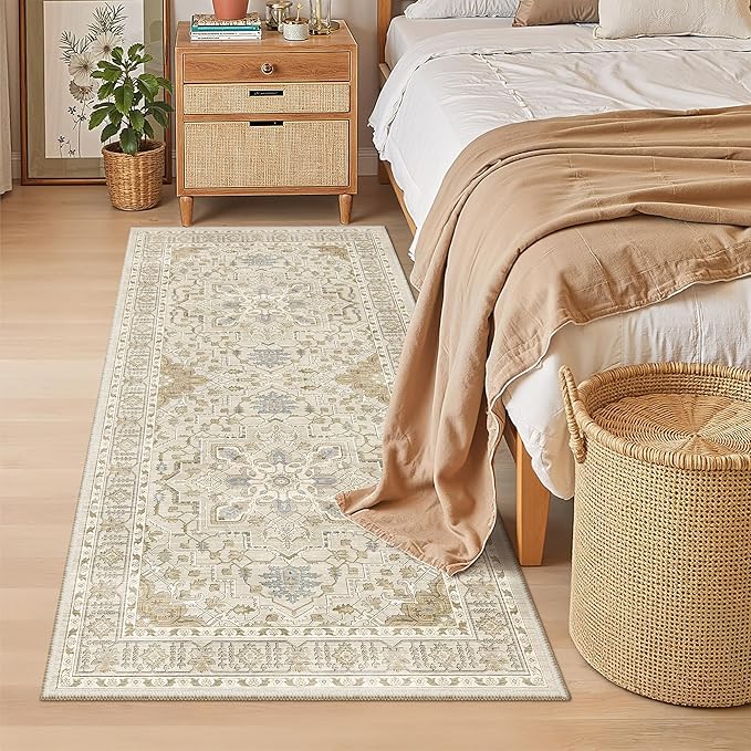 Madane Hallway Runner Rug 3x6 - Washable Kitchen Rugs Entryway Rug Runner Vintage Soft Floor Mat Non Slip Indoor Farmhouse Carpet for Bathroom Living Room Bedroom (3 X 6, Beige/Blue)
