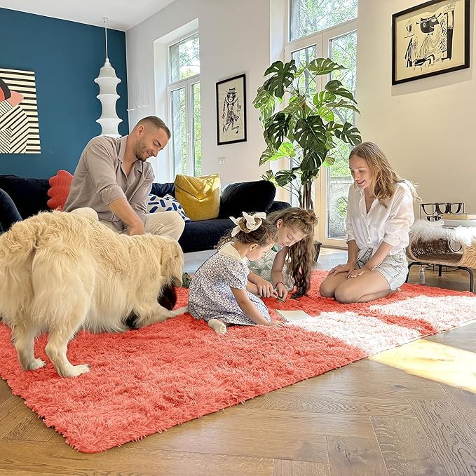 OLANLY 2x8 Machine Washable Runner Rugs for Hallway, Soft Fluffy Shaggy Bedside Rugs for Bedroom, Living Room, Indoor Floor Carpet for Kids Girls and Boys, Home Decor Aesthetic, Coral Red