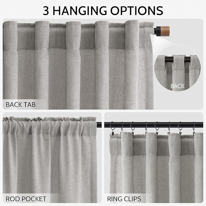 Nanspring Light Gray Linen Curtains for Living Room 120 Inches Long Back Tab Light Filtering Semi Sheer Curtain Extra Long Simple Modern Floor to Ceiling Grey Drapes for Bedroom 52x120, 2 Panels