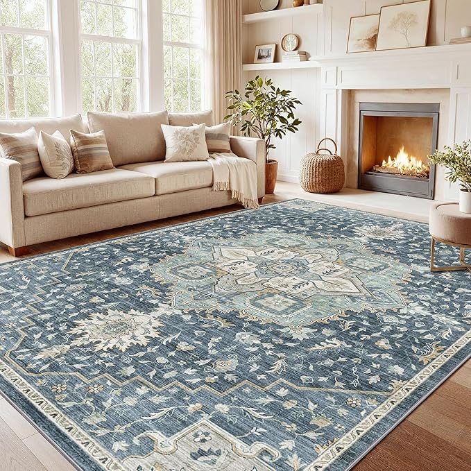 AMADA HOMEFURNISHING 9x12 Washable Area Rug, Low-Profile Large Area Rug with Non-Slip Backing & Durable Edge Binding, Vintage Large Rugs for Living Room, Bedroom & Dining Room
