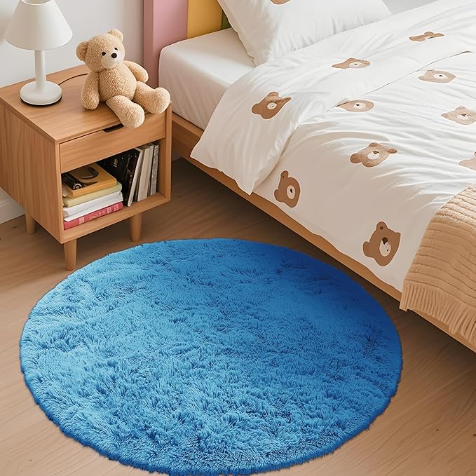 OLANLY Bright Blue Round Rugs for Bedroom - Machine Washable, 3 ft Circle Area Rugs for Living Room, Soft and Fluffy Shaggy Carpet for Teen Girl and Boys, Nursery Rooms, Dorms, Home Decor Aesthetic
