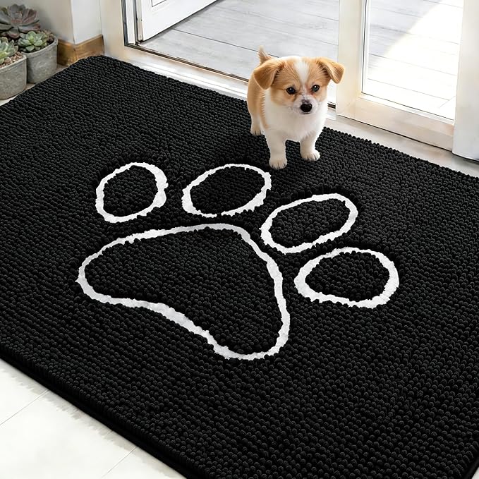 OLANLY Dog Door Mat for Muddy Paws 48x30, Paw Print Design, Absorbs Moisture and Dirt, Absorbent Non-Slip Washable Doormat, Quick Dry Chenille Mud Mat for Dogs, Entry Indoor Entryway Carpet, Black