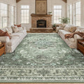 Area Rugs 10'x14' Washable Non-Slip, Floral Vintage Distress Print Pattern Medallion Carpet for Living Room Bedroom Dining Room, Dark Green Gray