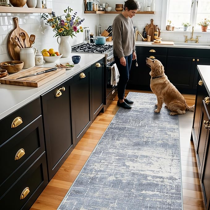Hallway 2x10 Washable Runner Rug: Abstract Kitchen Stove Rugs Low-Pile Stain Resistant Entryway Area Rug Cozy Bedroom Soft Floor Mat Non-Slip Farmhouse Carpet for Bathroom Living Room(2x10,Blue/ivory)