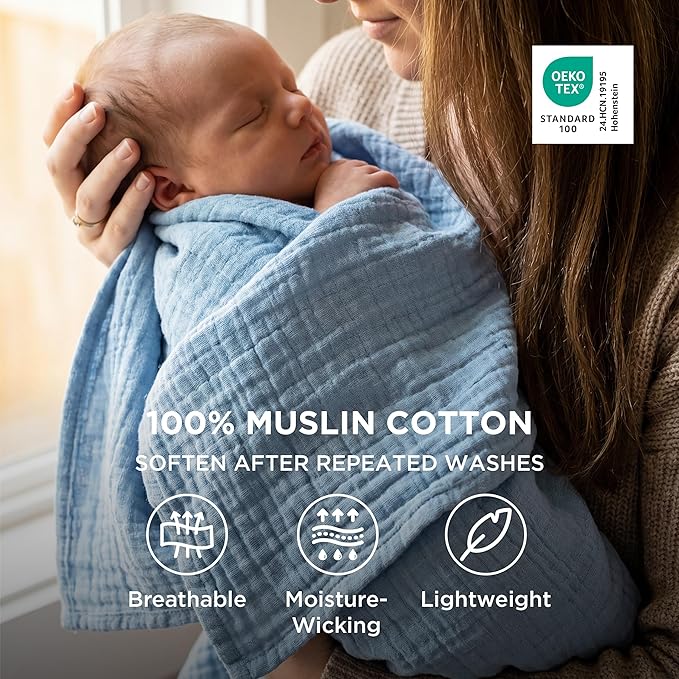 Bedsure 100% Cotton Muslin Throw Blanket Twin XL for Bed - 4-Layer Breathable and Lightweight Thin Soft Summer Gauze Muslin Blankets for Adults, Blue, 66x90 Inches