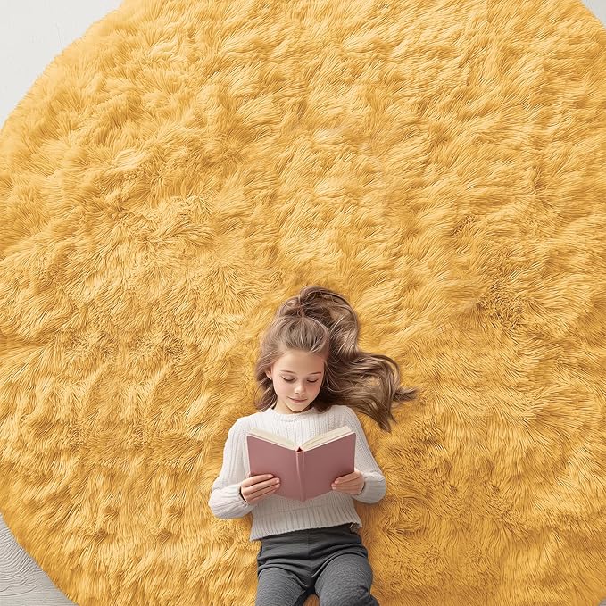 OLANLY Mustard Yellow Round Rugs for Bedroom - Machine Washable, 9 ft Circle Area Rugs for Living Room, Soft and Fluffy Shaggy Carpet for Teen Girl and Boys, Nursery Rooms, Dorms, Home Decor Aesthetic
