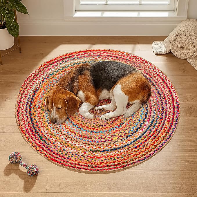 Hausattire Bohemian Braided Rug 4' Round - Multi Color, Circle Farmhouse Jute Cotton Area Rag Rug for Kitchen, Kids Bedroom, Playroom | Colorful Hand Woven Reversible Pet Friendly Carpet