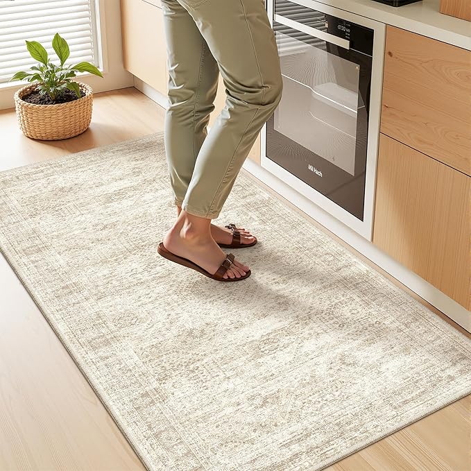 2x4 Washable Rug Runner for Bathroom, Soft Entryway Rug for Laundry Room, Kitchen, Vintage Abstract Hallway Runner for Bedroom, Anti-Slip Door Mat Indoor Entrance(2'x4', Beige/Ivory)