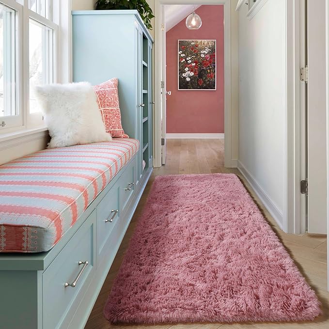 ONASAR Blush Runner Rugs for Bedroom Living Room, Fluffy 2x6 Bedside Hallway Area Rug, Ultra Soft Plush Furry Faux Fur Non Slip Floor Carpet for Nursery Kids Dorm Closet Home Decor Aesthetic