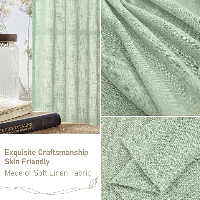 LAMIT 36 Inch Length Linen Curtains for Small Windows, Semi Sheer Light Filtering Panels Back Tab and Rod Pocket Neutral Drapes for Basement/Window/Loft Room, Fresh Green, 2 Panels, 34 x 36 Inch