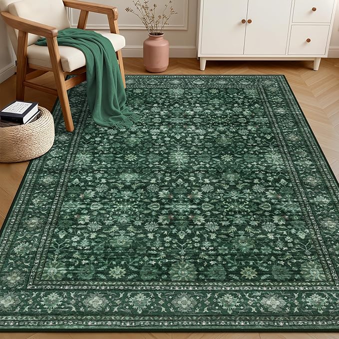 4x6 Area Rugs for Living Room: Washable Rug Soft Vintage Distressed Floral Carpet Indoor Non-Slip Stain Resistant Large Carpets for Bedroom Dining Room Farmhouse Nursery Home Office Deep Green