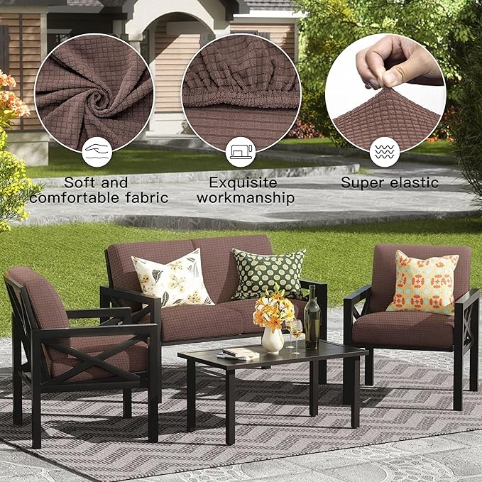 8Pcs Outdoor Cushion Covers, Patio Cushion Covers,Stretch Elastic Slipcovers, Replacement Washable & Reusable Furniture Protector for Patio Couch,Thick Jacquard Fabric(Camel, Cover Only)