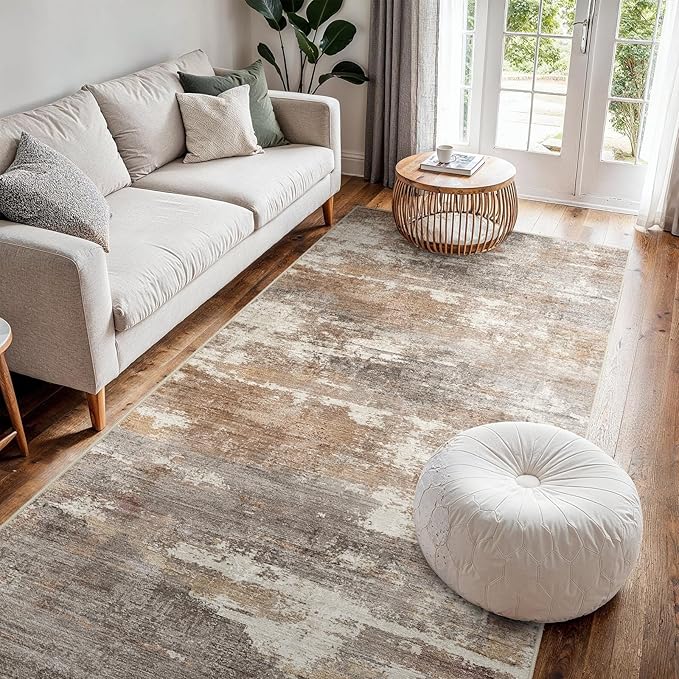 4x8 Washable Kitchen Runner Rug: Modern Abstract Wide Runners for Hallway Soft Non Slip Rugs with Rubber Backing Low Pile Thin Carpet for Entryway Bedroom Bathroom Laundry Indoor(Brown/Brick,4x8)