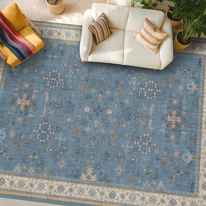 Hazo Haus Boho 7x10 Accent Area Rugs for Living Room - Dusky Blue Rug for Bedroom Under Bed, Dining Room Under Kitchen Table, Washable Soft Non Slip Unique Colorful Indoor Décor