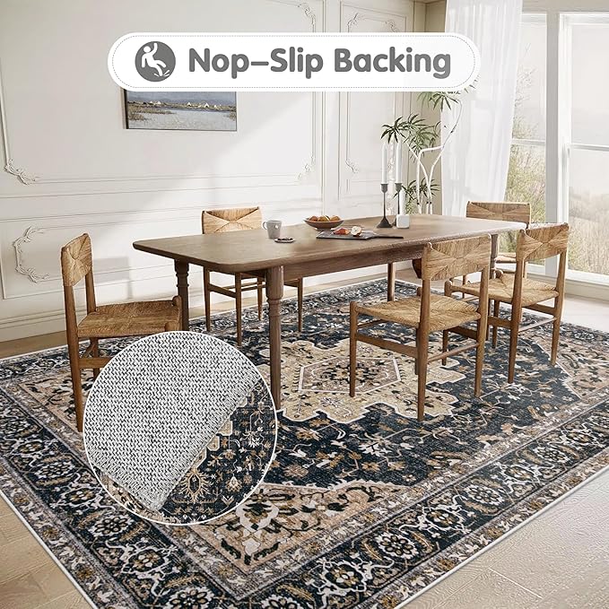 Area Rugs 5x7 Vintage Rug: Washable Living Room Rug Retro Medallion Distressed Large Soft Low Pile Non-Slip Indoor Floor Carpet for Bedroom Kitchen Nursery Dining Table Office (BeigeBlack, 5'x7')
