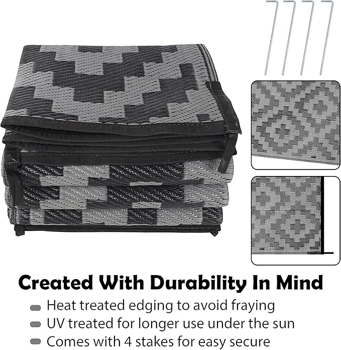Outdoor Rug 6x9 ft, Black and Grey Lattice, Reversible Polypropylene