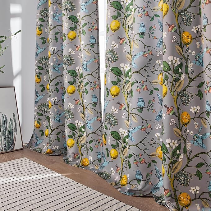 Topfinel 90 Inches Long Curtains, Gray and Yellow Moody Country Anthropologie Cabin Blackout Sun Block Floral Hummingbird Plant Lemon Patterned Grommet Damask Drapes Two Pages for Living Room Office