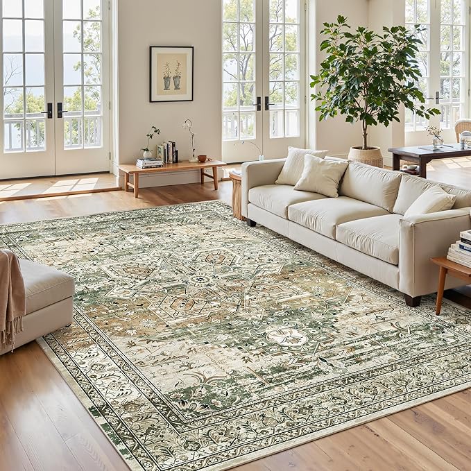 Soalmost 5x7 Area Rugs Low Pile Indoor Washable Trendy Faded Style Rugs for Bedroom Living Room Dining Room Foldable Non-Slip Thin Print Mat Green Olive Beige